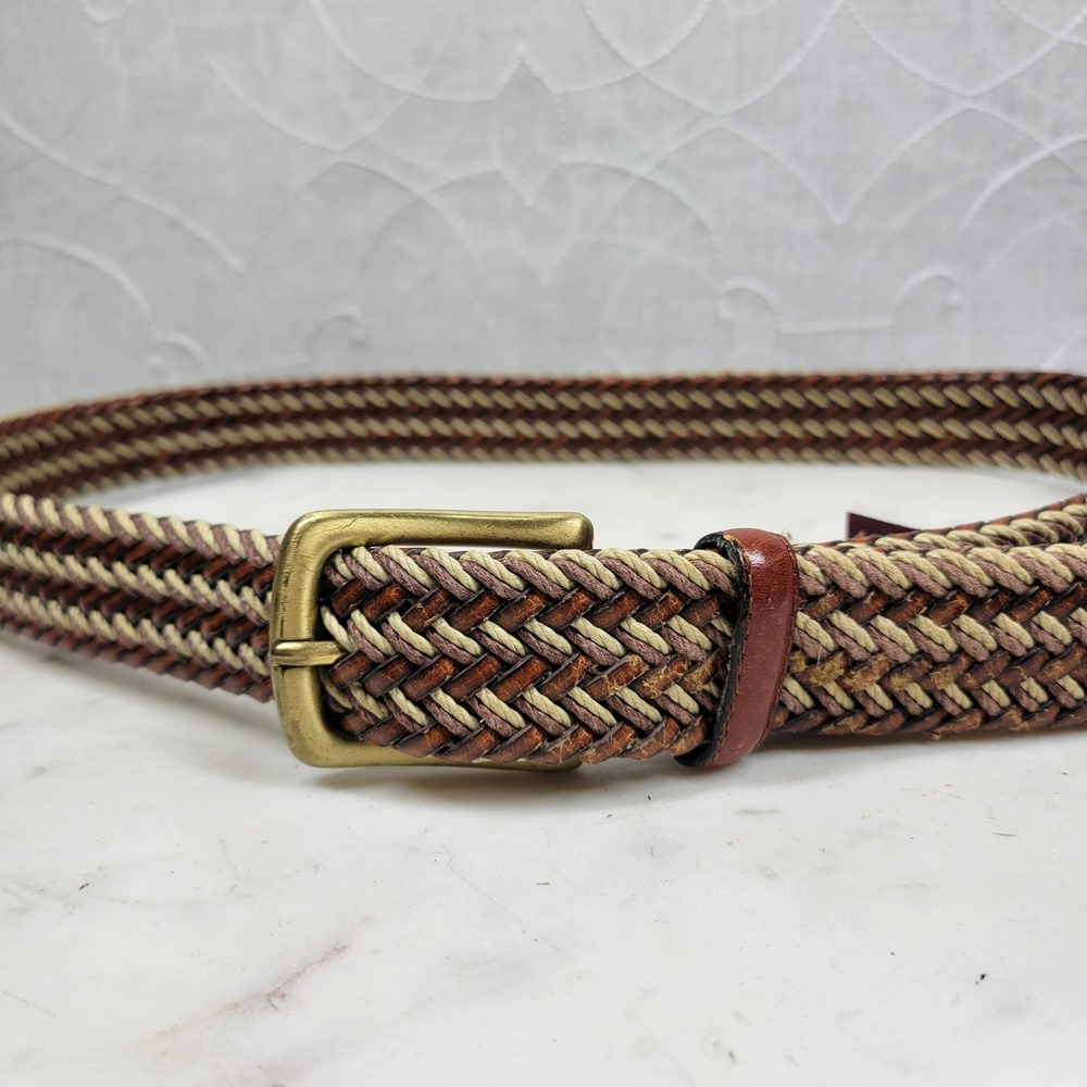 Arden Preppy Braided Leather Belt Size 36 Brown Tan Stretch Woven Brass Buckle - Picture 12 of 13
